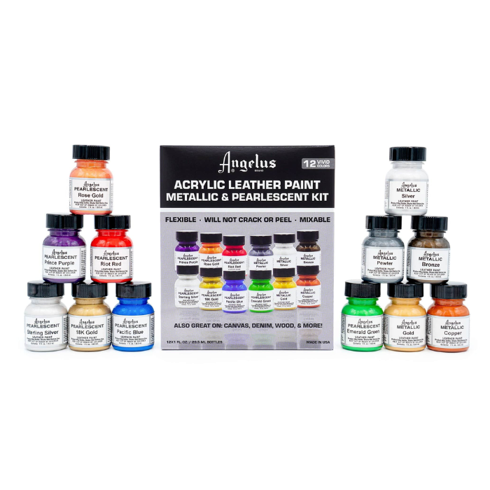 Angelus Leather Paint 1oz - Pearlescent and Metallic Paint Kit, 12 Colors