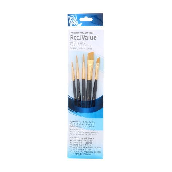 Princeton Brush Real Value 5-Brush Golden Taklon Brush Set, Round 2, 4, 6, Angle Shader 1/4, 1/2