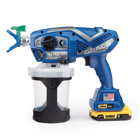 Graco Ultra Cordless Handheld Airless Paint Sprayer with DeWalt 20V Max XR battery.