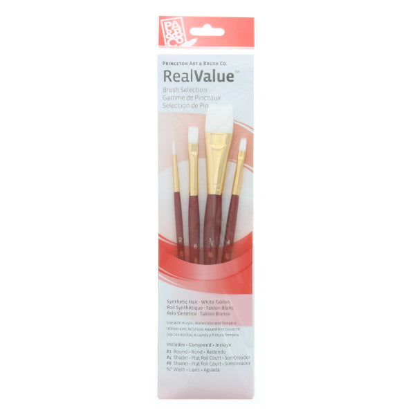 Princeton Brush Real Value 4-Brush White Taklon Brush Set, Round 2, Shader 4, 8, Wash 3/4