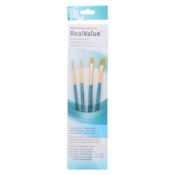 Princeton Brush Real Value 4 - Brush Golden Taklon Brush Set Round 3, Liner 2, Shader 6, Angle Shader 1/4 - Guiry's