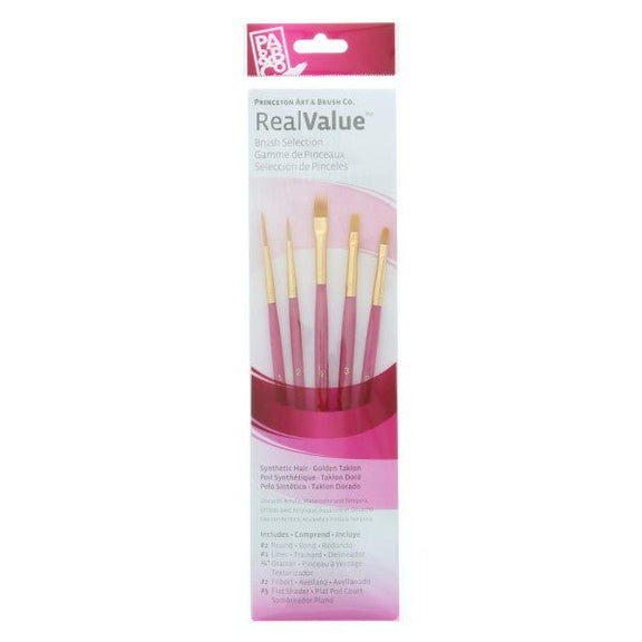 Princeton Brush Real Value 5 - Brush Golden Taklon Brush Set, Round 2, Liner 1, Grainer 1/4, Filbert 2, Flat Shader 3 - Guiry's