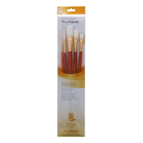 Princeton Brush Real Value 5 - Brush White Taklon Brush Set, Round 1, 6, Bright 6, Filbert 8, Flat 12 (LH) - Guiry's