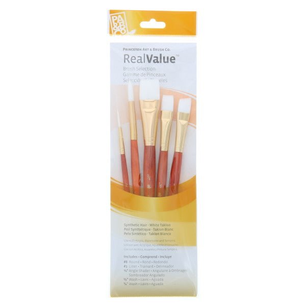 Princeton Brush Real Value 5 - Brush White Taklon Set, Round 8, Liner 2 Angle Shader 1/2 Wash 1/2, 3/4 - Guiry's