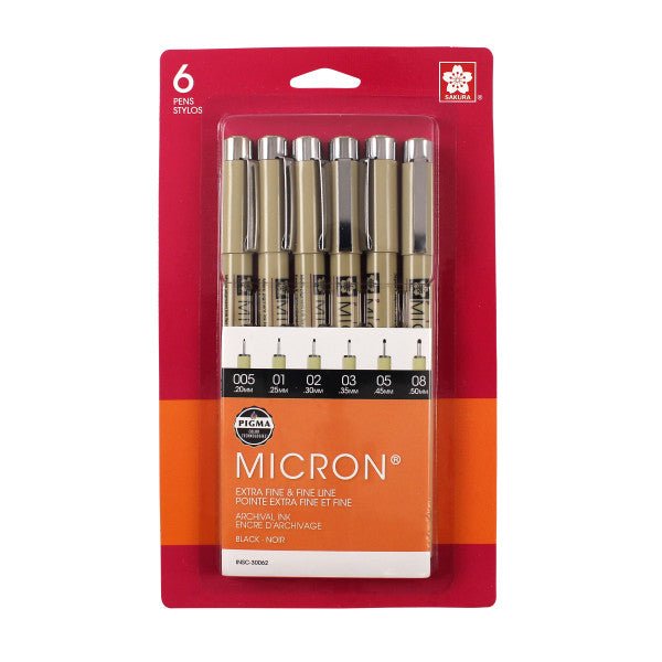 Sakura Pigma Micron Pen Set, Black Ink, 6 - Pen Set (005, 01, 02, 03, 05, 08) - Guiry's