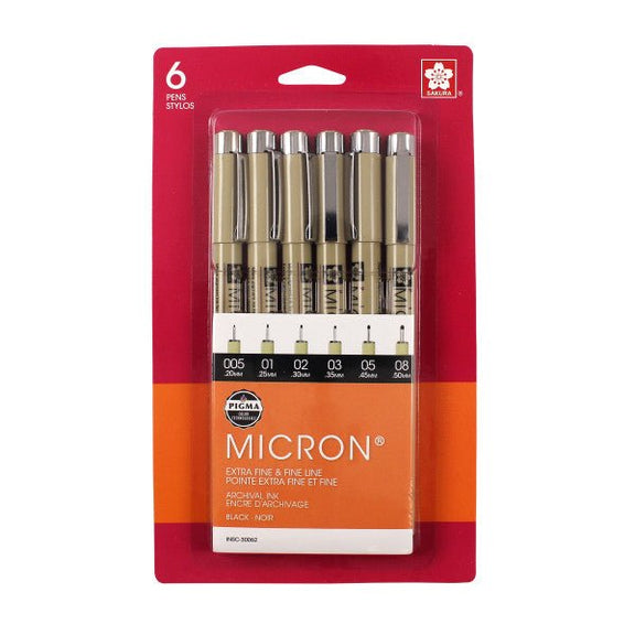 Sakura Pigma Micron Pen Set, Black Ink, 6 - Pen Set (005, 01, 02, 03, 05, 08) - Guiry's