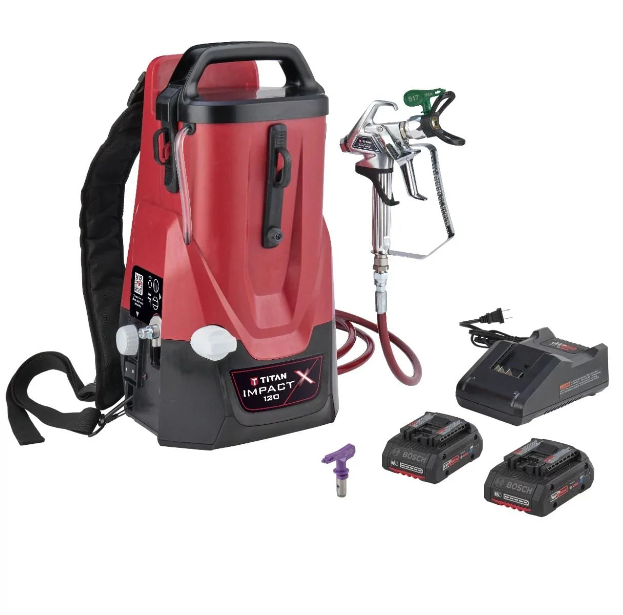 Full kit of Titan Impact X 120 backpack sprayer with batteries and charger.