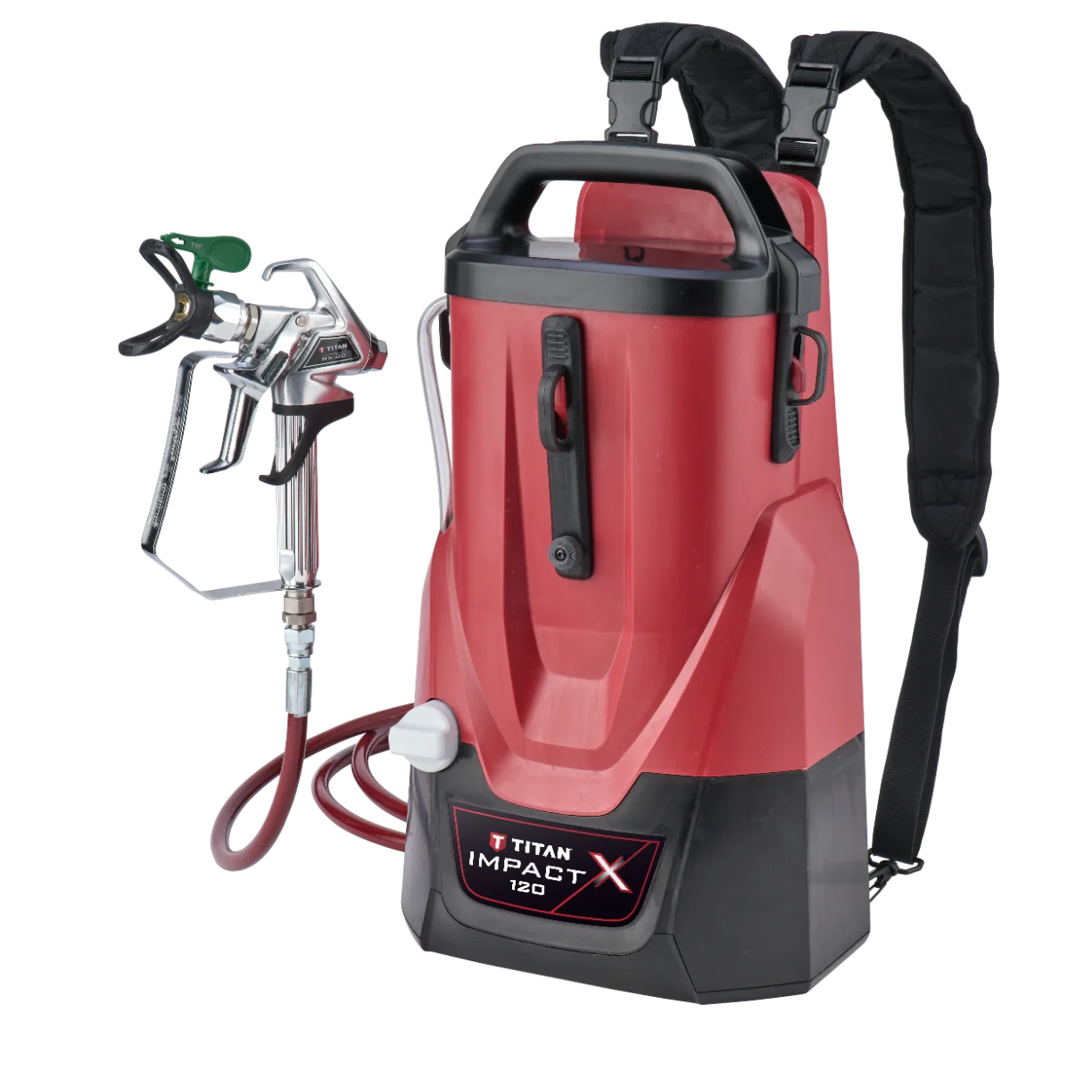 Titan Impact X 120 backpack paint sprayer side view with spray gun and hose.