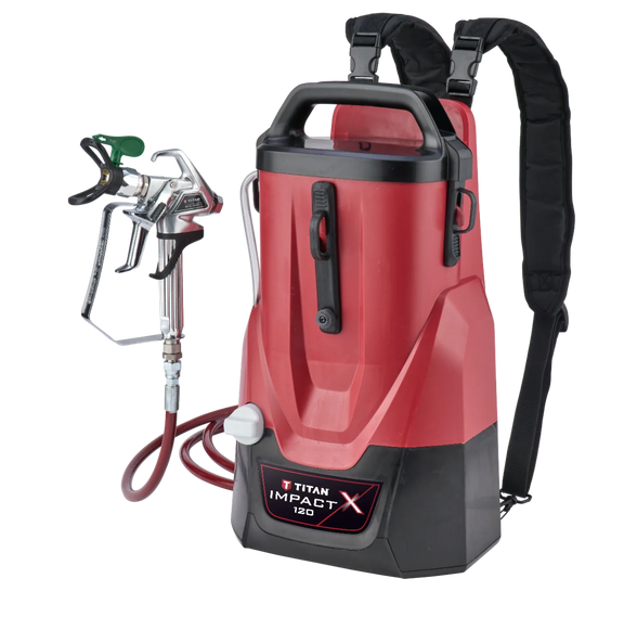 Titan Impact X 120 backpack paint sprayer side view with spray gun and hose.