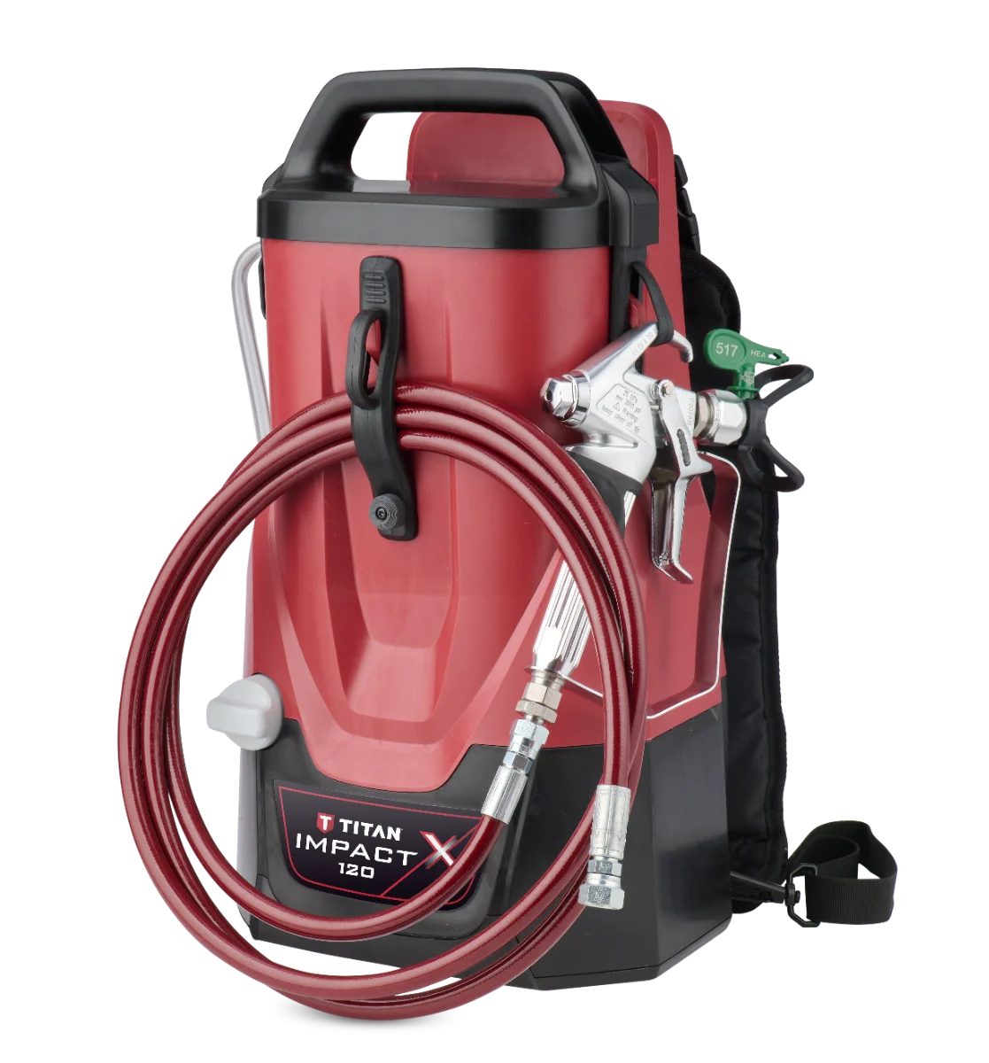 Titan Impact X 120 sprayer showing the spray gun storage and hose wrapping.