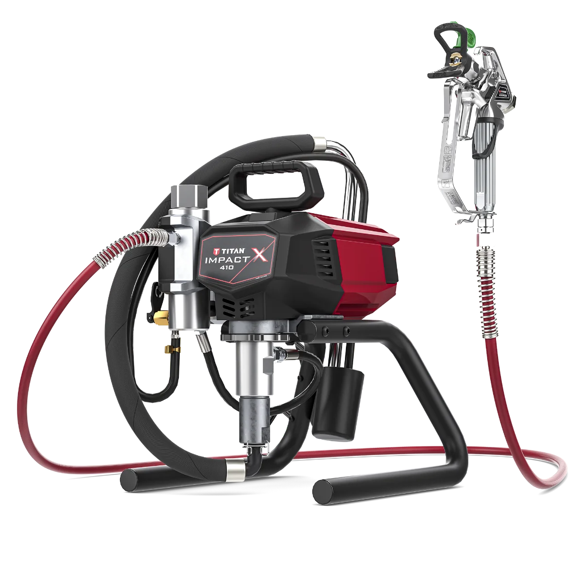 Titan Impact X 410 Skid airless paint sprayer side view, featuring durable construction and high-performance spraying technology for professional applications