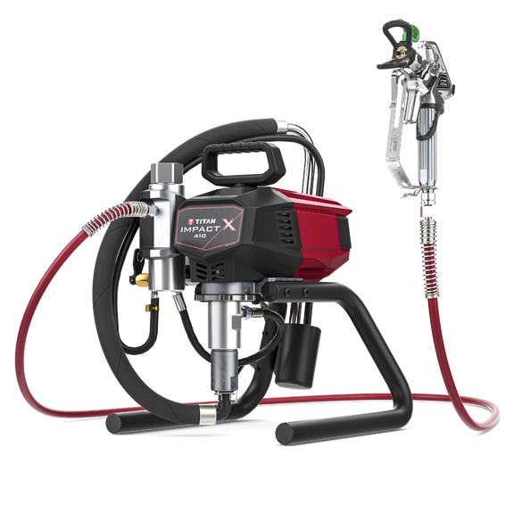 Titan Impact X 410 Skid airless paint sprayer side view, featuring durable construction and high-performance spraying technology for professional applications