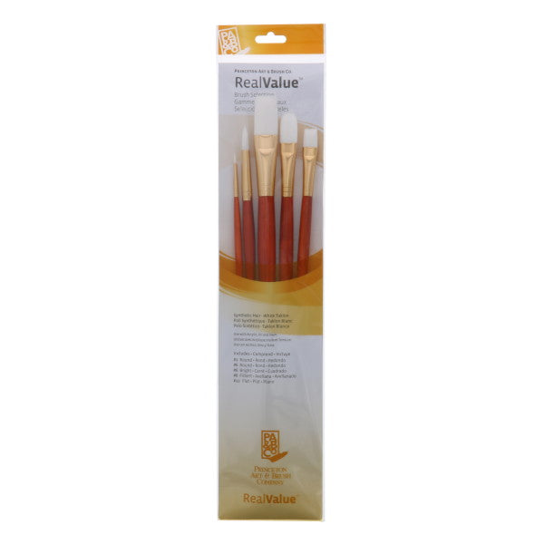 Princeton Brush Real Value 5-Brush White Taklon Brush Set, Round 1, 6, Bright 6, Filbert 8, Flat 12 (LH)