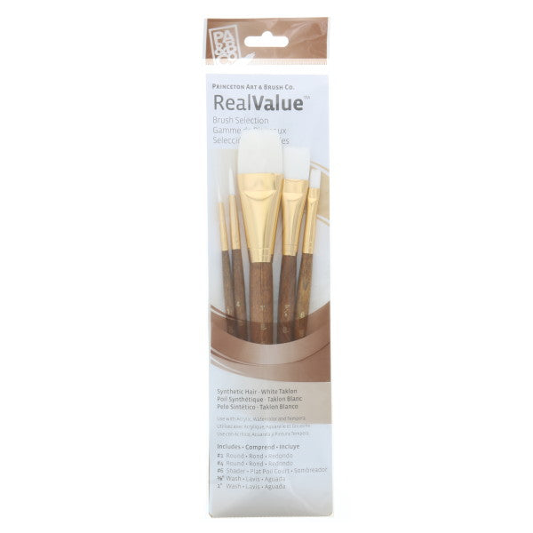 Princeton Brush Real Value 5-Brush White Taklon Brush Set, Round 1, 4, Shader 6, Wash 5/8, 1